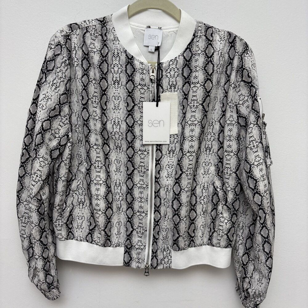 Sen Snakeskin Printed Gray Bomber Jacket Full Zip Lined Pockets Size Large NWT